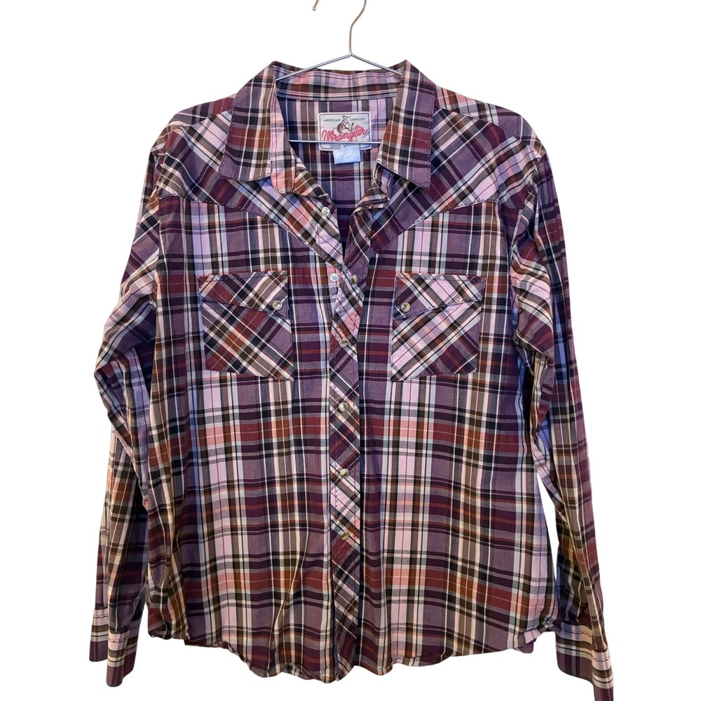 Vintage Wrangler Western Pearl Snap Plaid Shirt Purple Pink Women Small Medium